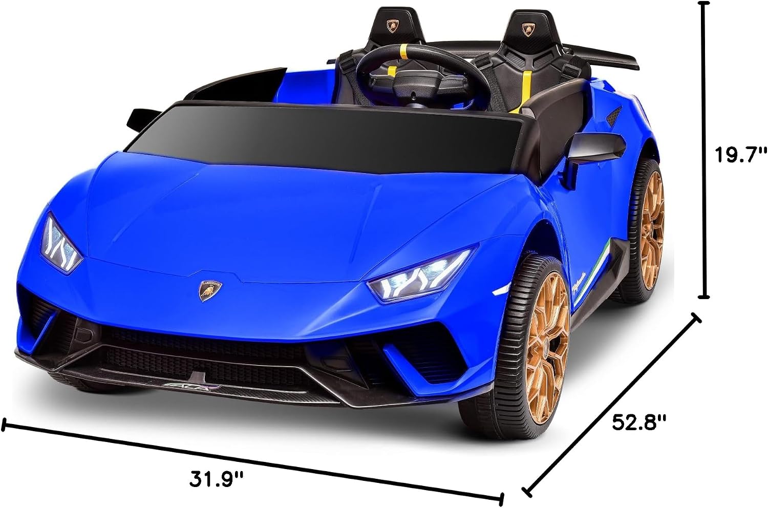 Diagram showing the length, width, and height dimensions of the Blitzshark 24V ride-on car.