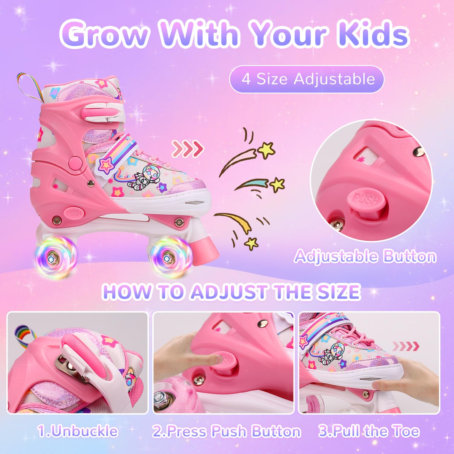 Roller Skates for Girls, Double-Row Light up Wheels Skates, 4 Adjustable Sizes Roller Skate Shoes, Shoes with Wheels for Indoor Outdoor, Roller Shoes for Kids Beginner (Pink, (3.5Y-6Y))