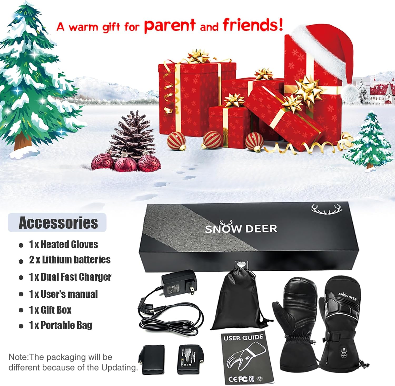 SNOW DEER Heated Mittens for Men and Women Waterproof Ski Gloves with Touchscreen 7.4V 3000mAh Battery Gloves Electric Rechargeable Thermal Mittens for Hands Warm