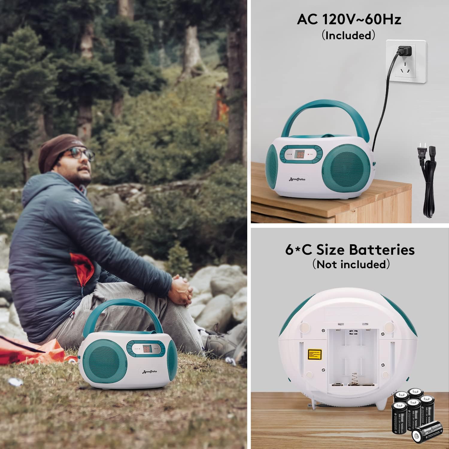 Image showing the Byron Statics boombox connected to an AC outlet and a separate image showing the battery compartment with six C-size batteries.