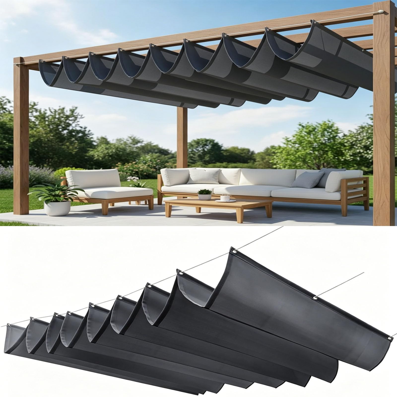 Einziehbares Welle Sonnensegel 200 x 350 cm Nach Maß Pergola Markise Verstellbar Schattenabdeckung 95% Uv-Schutz & Reißfest Einziehbares Sonnensegel für Outdoor Balkon, Dunkelgrau