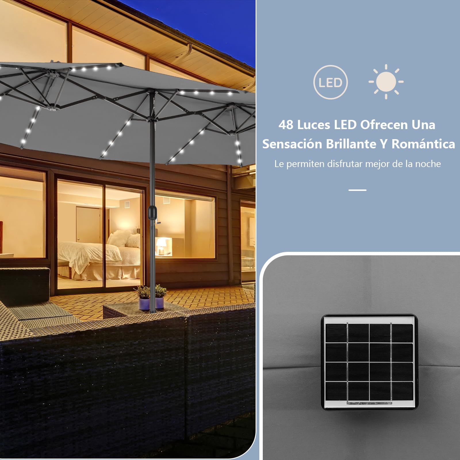 COSTWAY Sombrilla Terraza Exterior Doble, Sombrillas Jardin Grandes con 48 Luces LED y Base, Panel Solar de Carga automática, Manivela, Parasol Terraza Exterior (470 x 280 cm (con LED y Base),Gris)