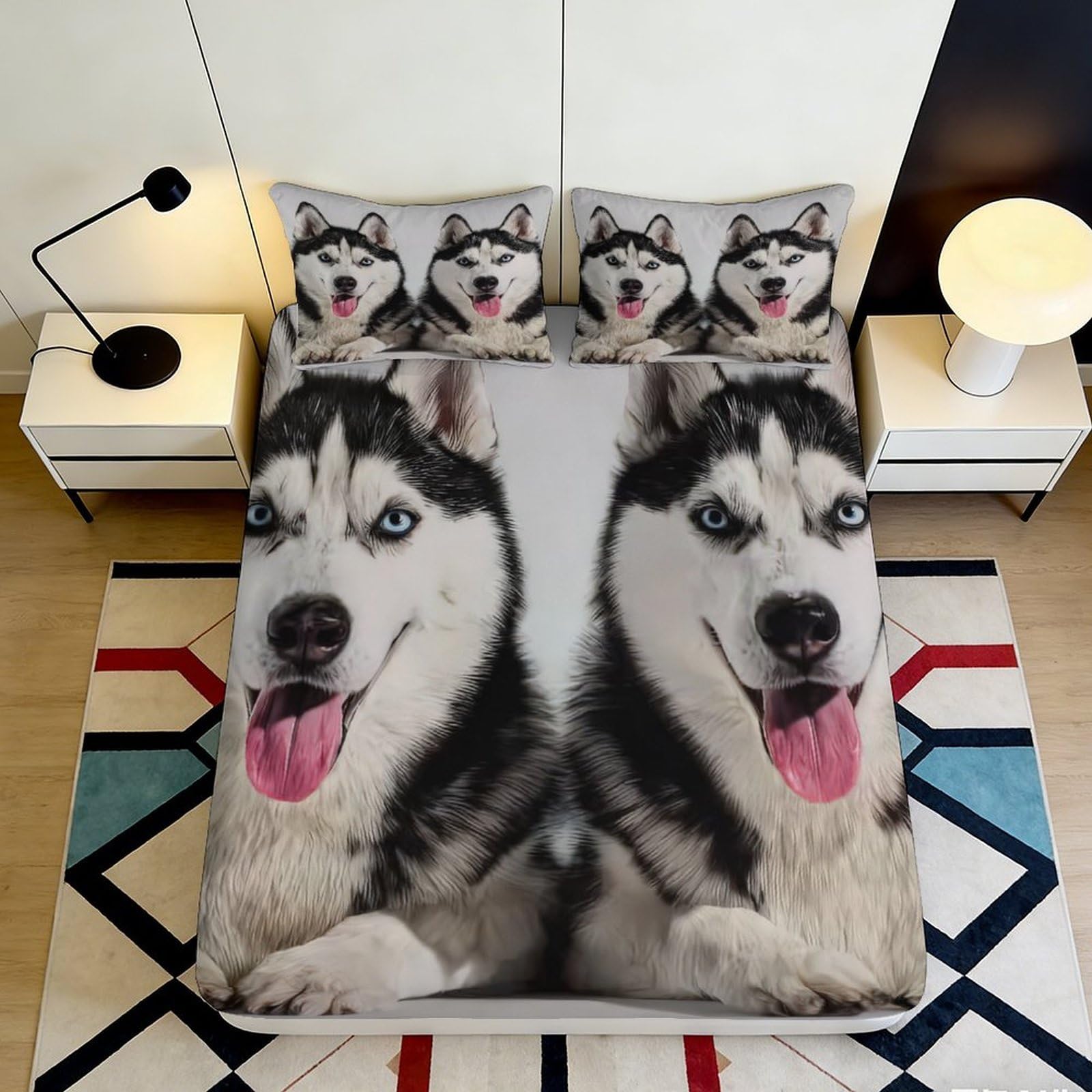 3D Printed Husky Fitted Sheet Microfiber Non-Slip Deep Pocket Husky Mattress Fitted Cover Breathable 180x200x25cm