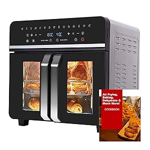 Freidora sin Aceite y Horno de Aire Caliente 23 litros, Emphsism Freidora de aire XXL con compartimento doble 2600W Oven, Pantalla LED táctil, 15 Programas, 11 Accesorios Incluidos