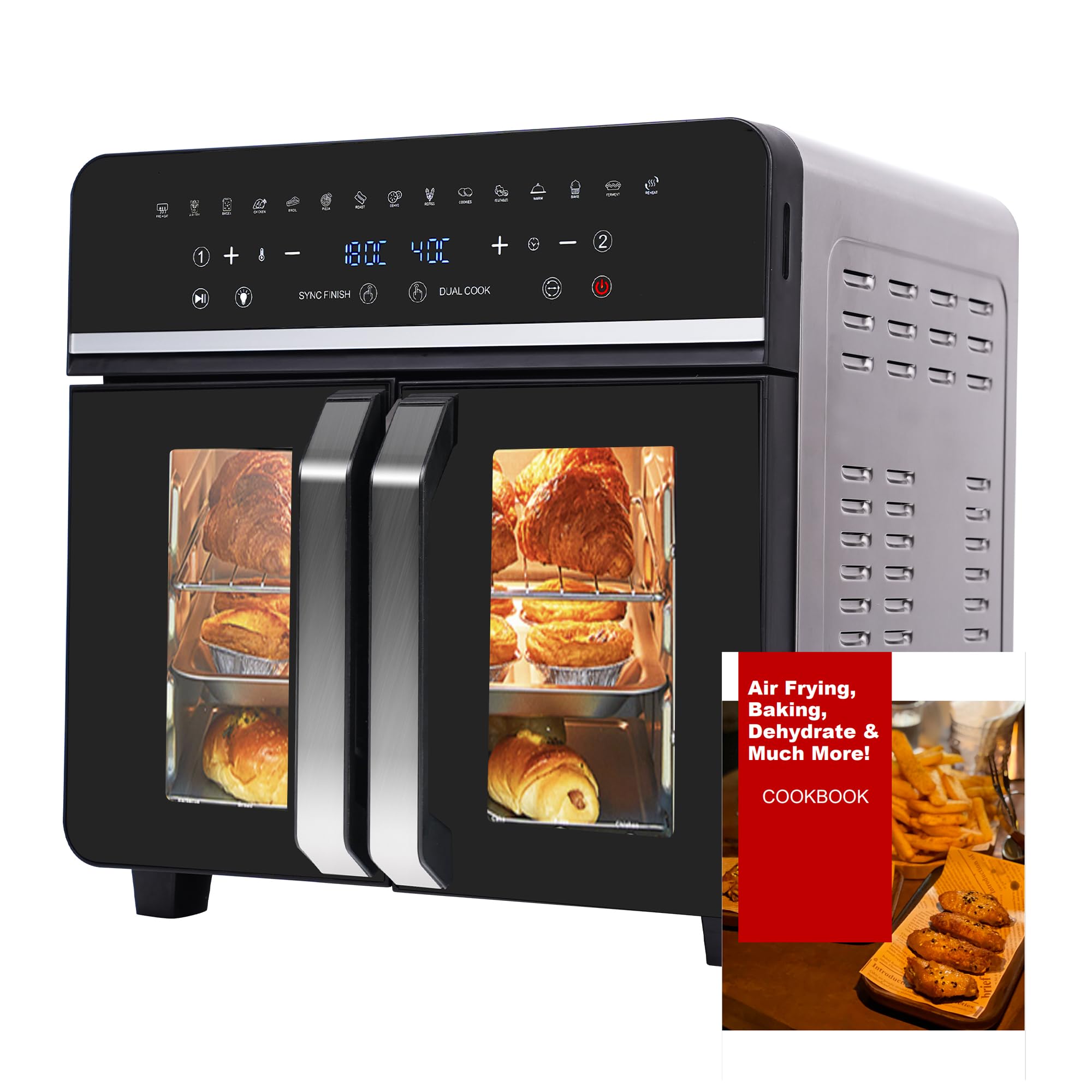 23L Heißluftfritteuse Minibackofen Air fryer, Emphsism Dual Zone Heissluftfritteuse XXL Oven 1800W mit LED-Touchscreen 15 Programmen, mit Rezeptbuch, 11 Zubehöre