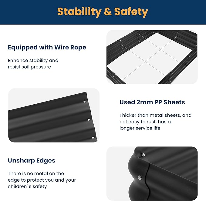 Introducing our sturdy and durable plastic raised garden bed, designed with stability and safety in mind. Equipped with metal wire ropes to increase stability and reduce shake due to soil pressure, this garden bed also features smooth corners and edges to prevent scratches, ensuring a safe gardening experience. The 2mm thick plastic sheets offer great cold resistance and durability, making it a reliable option compared to metal or wooden garden beds that are prone to rust and corrosion.