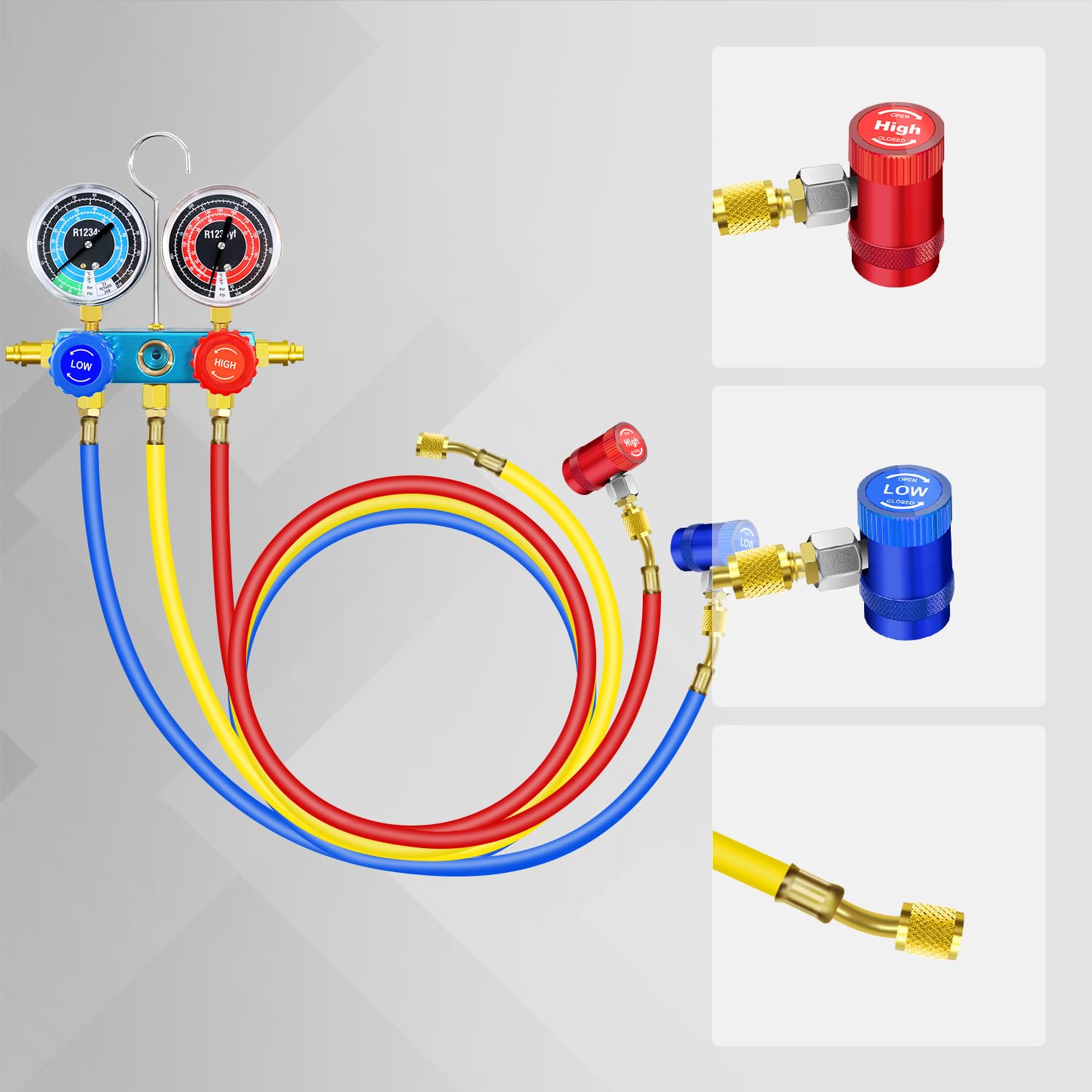 AC R1234yf Manifold Gauge Set, 3 Way Car Air Conditioning 1234yf Refrigerant Recharge Tool Kit, with Hoses Quick Coupler Case, for Auto Air Conditioner Freon Diagnostic Test and Charging