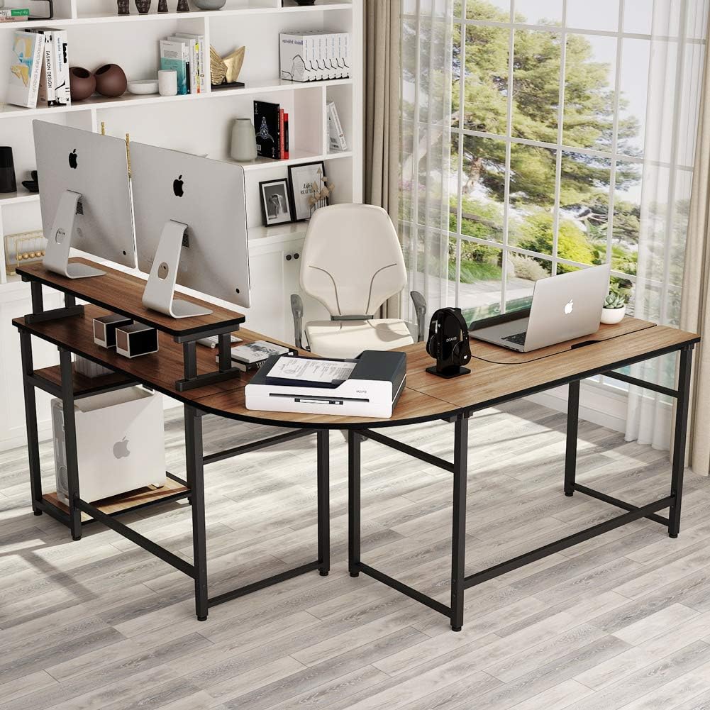 Tribesigns L-Shaped Computer Desk with Monitor Stand Riser, 70.8 inches Corner Computer Desk Study Writing Workstation Drafting Table with Tiltable Drawing Board for Home Office Use, Oak