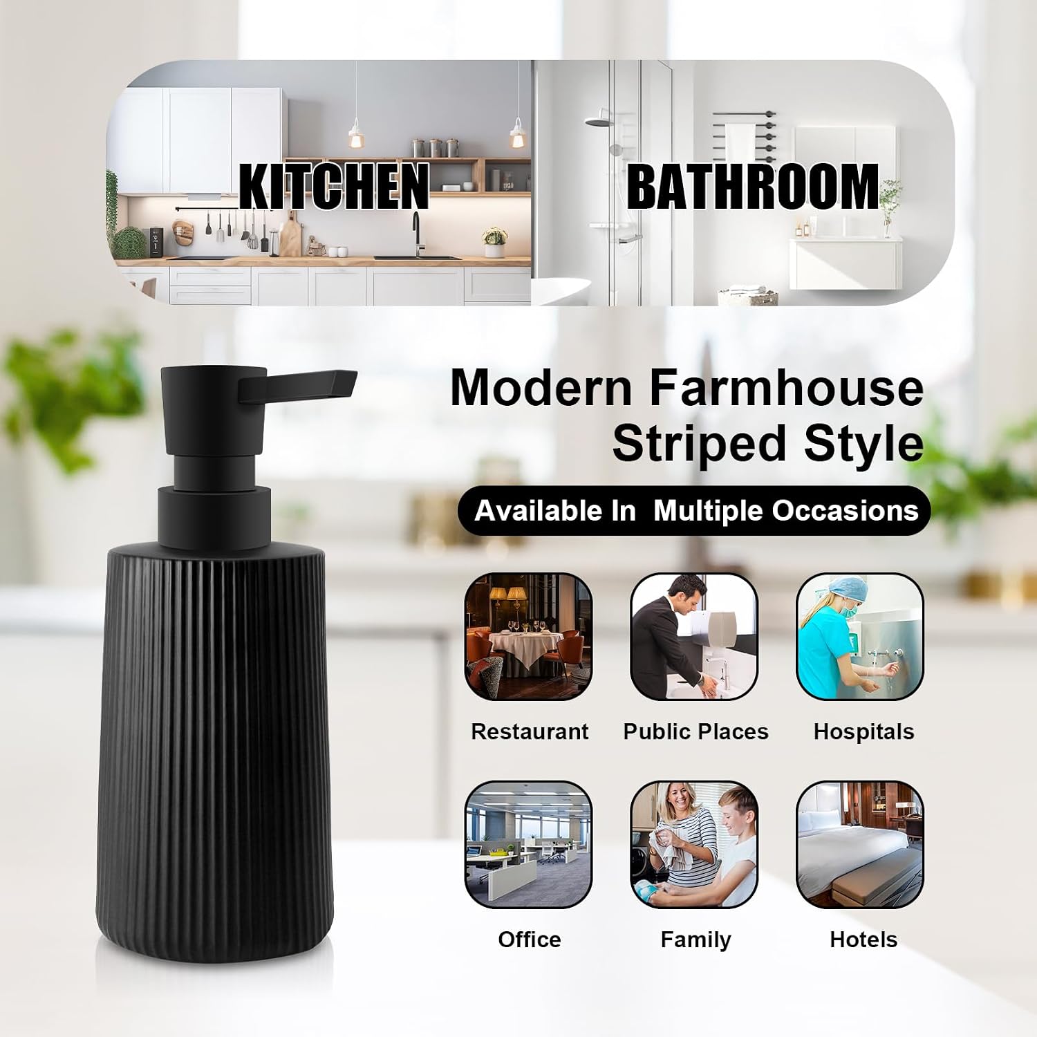 Glass Soap Dispenser for Bathroom, 250ml/8.5oz Dish Soap Dispenser with Pump for Kitchen, Modern Minimalist Stripe Style Hand Soap Dispenser, Small Refillable Soap Dispenser (Black 2pcs)