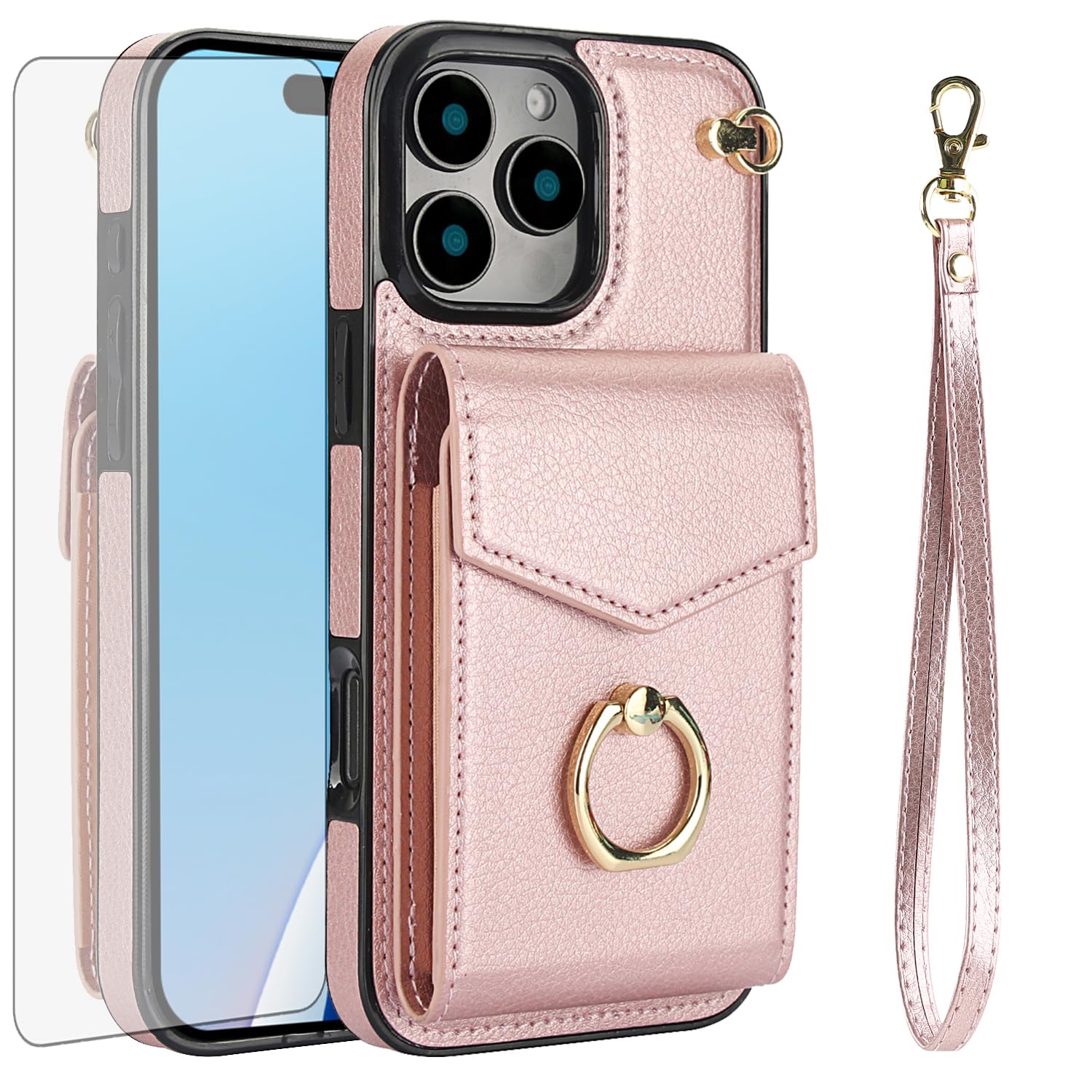 Compatible with iPhone 16 Pro Max 6.9 inch Wallet Case Tempered Glass Screen Protector and RFID Blocking Ring Card Holder Cell Phone Cover for i Phone16 16Pro i16 ProMax 16ProMax Men Rose Gold