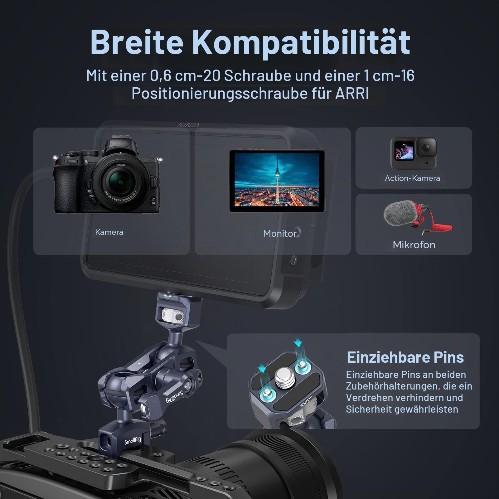 SMALLRIG Articulating Magic Arm mit NATO-Klemme und 1/4"-20 Schraube (mit einziehbaren Stiften), 360-Grad-Drehung Max. Belastung 5,5 kg Magic Arm für Monitor-Mikrofon und Licht – 3875