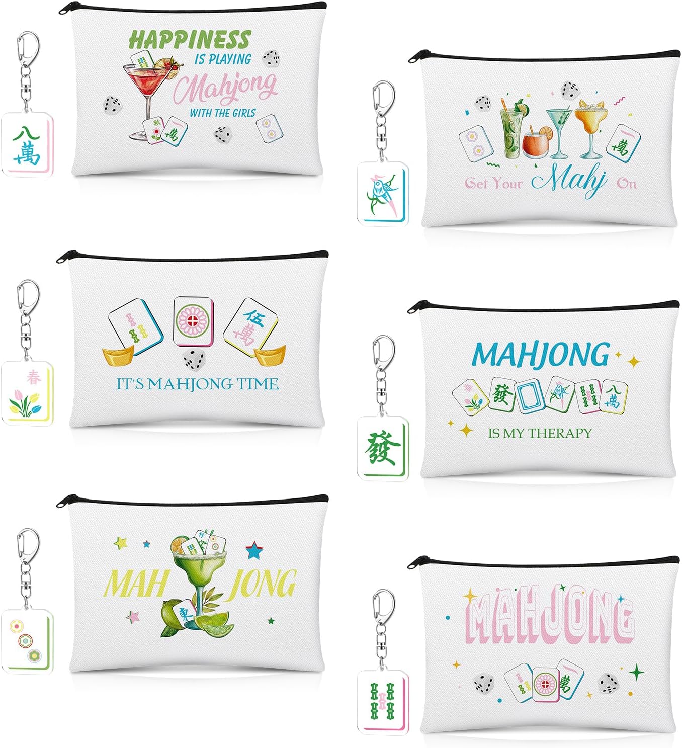 12Pcs Mahjong Tiles Bags Cosmetic Bags with Acrylic Keychains Sets Mahjong Lover Makeup Travel Toiletry Bag Pouch Coin Pen Purse Accessories Organizer for Women Men Birthday Spring Easter Gift Supply