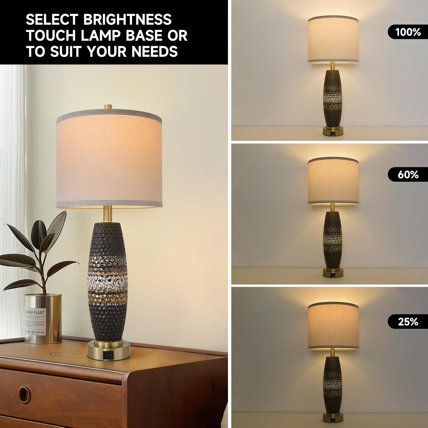 Terpsichore 3 Way Dimmable Farmhouse Table Lamps Bedroom Touch Bedside Lamp Modern Glazed Ceramic Lamp 2 Set with Fabric Shade,USB Type-C Port for Bedroom,Reading,Desk,Living Room,Office