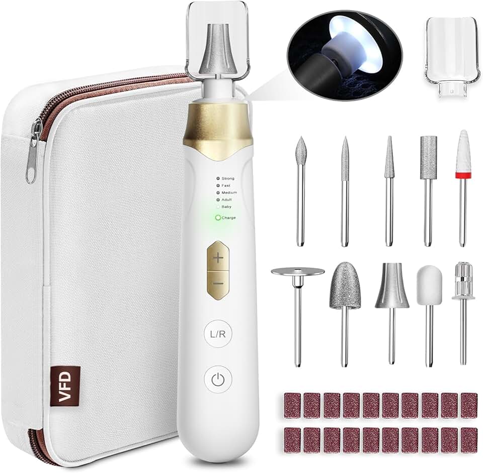 Electric Nail File Drill 2000 mAh Cordless Rechargeable Nail Filer LED Lamp | Portable Nail Dril Sander Machine for Acrylic Nails Manicure and Thick Toenails &amp; Callus Buffer Grinder Care (White Golden)