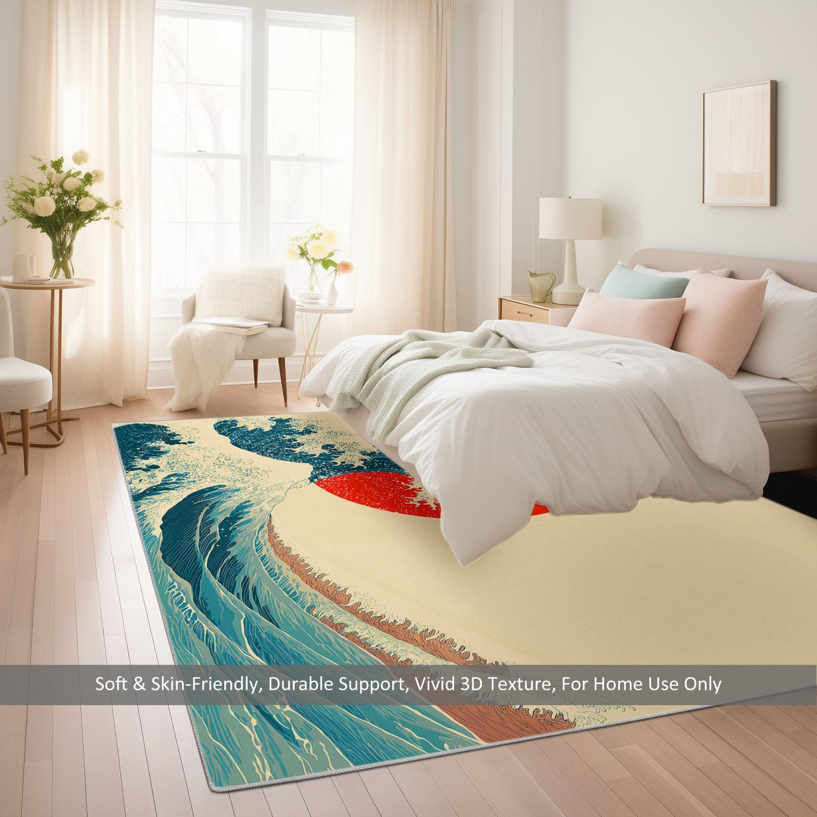 Tapis Doux À Poils Courts Japonais Rétro Vagues Soleil Rouge, Tapis de Décoration Imprimé Beige pour Salon Chambre Salle à Manger Bureau Entrée 80 x 150 cm - Lavable en Machine