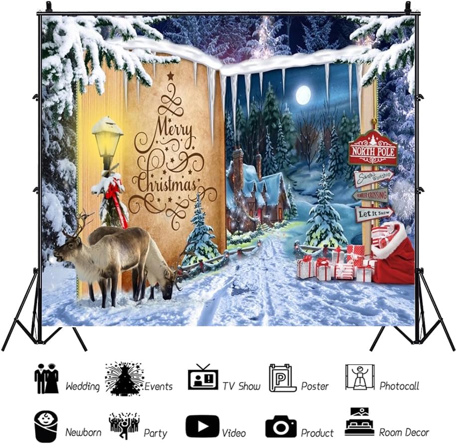 Christmas Backdrop for Photography 10x8ft Fairy Style Door to Christmas Village Background for Party Decorations North Pole Winter Wonderland Night Scenery Backdrop Photo Shoot Props Banner