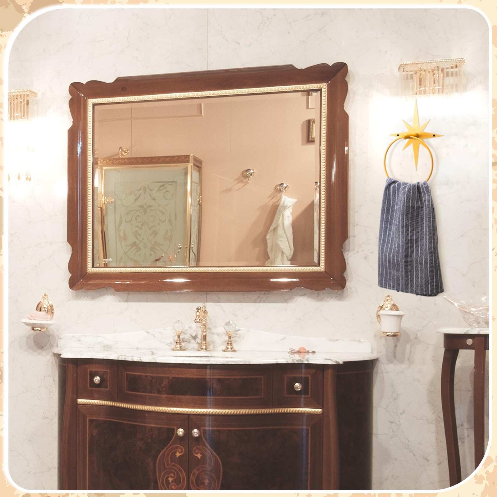 Reallnaive Soporte de anillo de toalla de mediados de siglo para baño, moderno dorado atómico, soporte de toalla de mano Starburst de mediados de siglo, accesorios de baño retro decoración de baño
