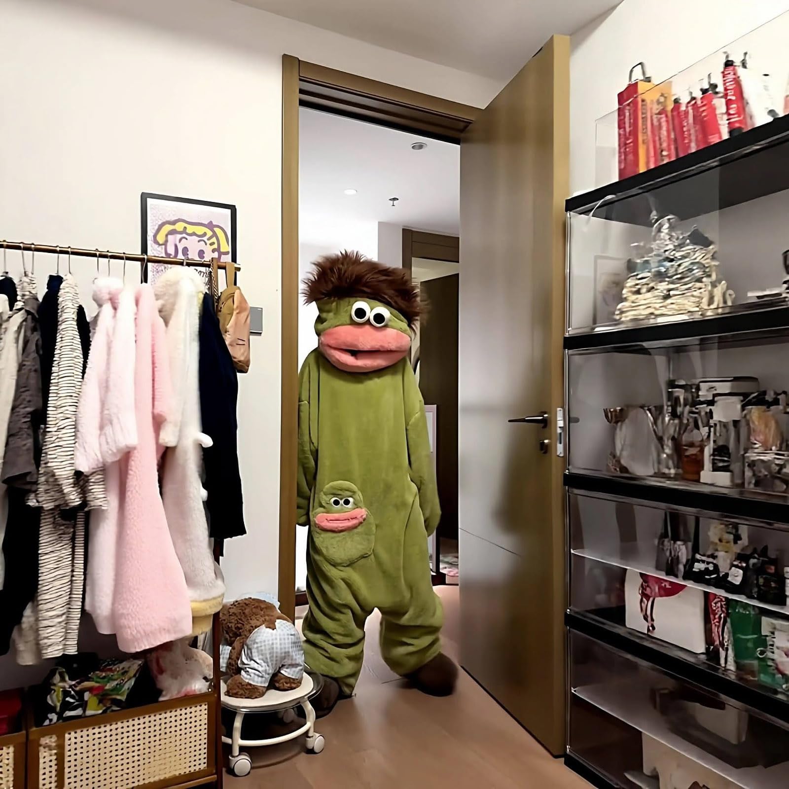 Generisch Silly Onesie, Lustiger grüner Monster-Hoodie aus Fleece, kuscheliger Ultraweicher Einteiler für Zuhause Damen Herren Pyjama Funny Schlafanzug Cosplay Jumpsuit Karneval
