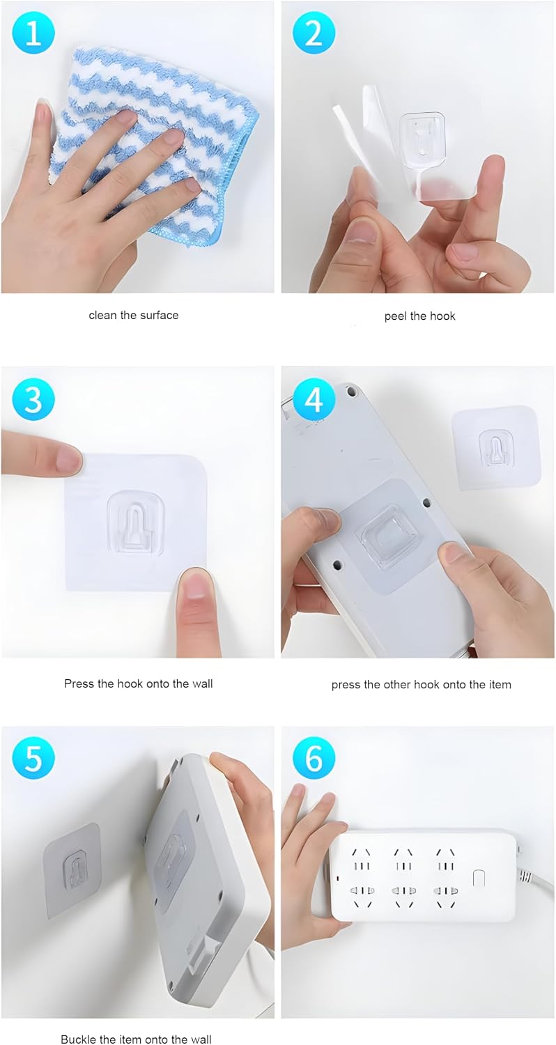 Adhesive Wall Hooks, 10-Pair Clear Double-Sided No-Drill Stickers