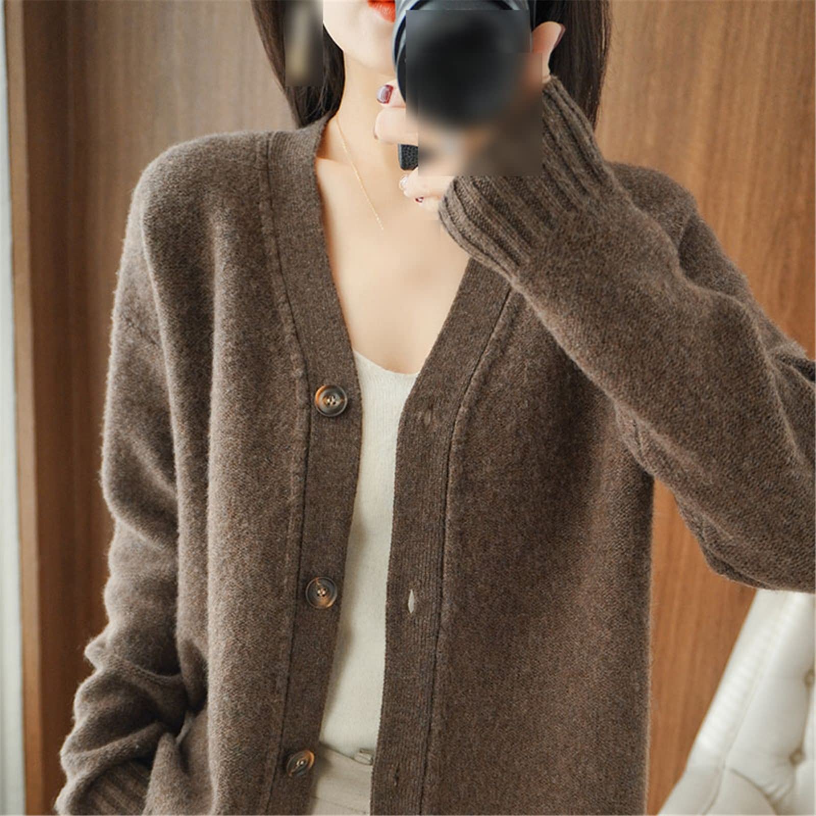 Cardigan in cashmere Autunno e Inverno con scollo a V Solido Maglione Cappotto Cardigan lavorato a maglia, Marrone, M