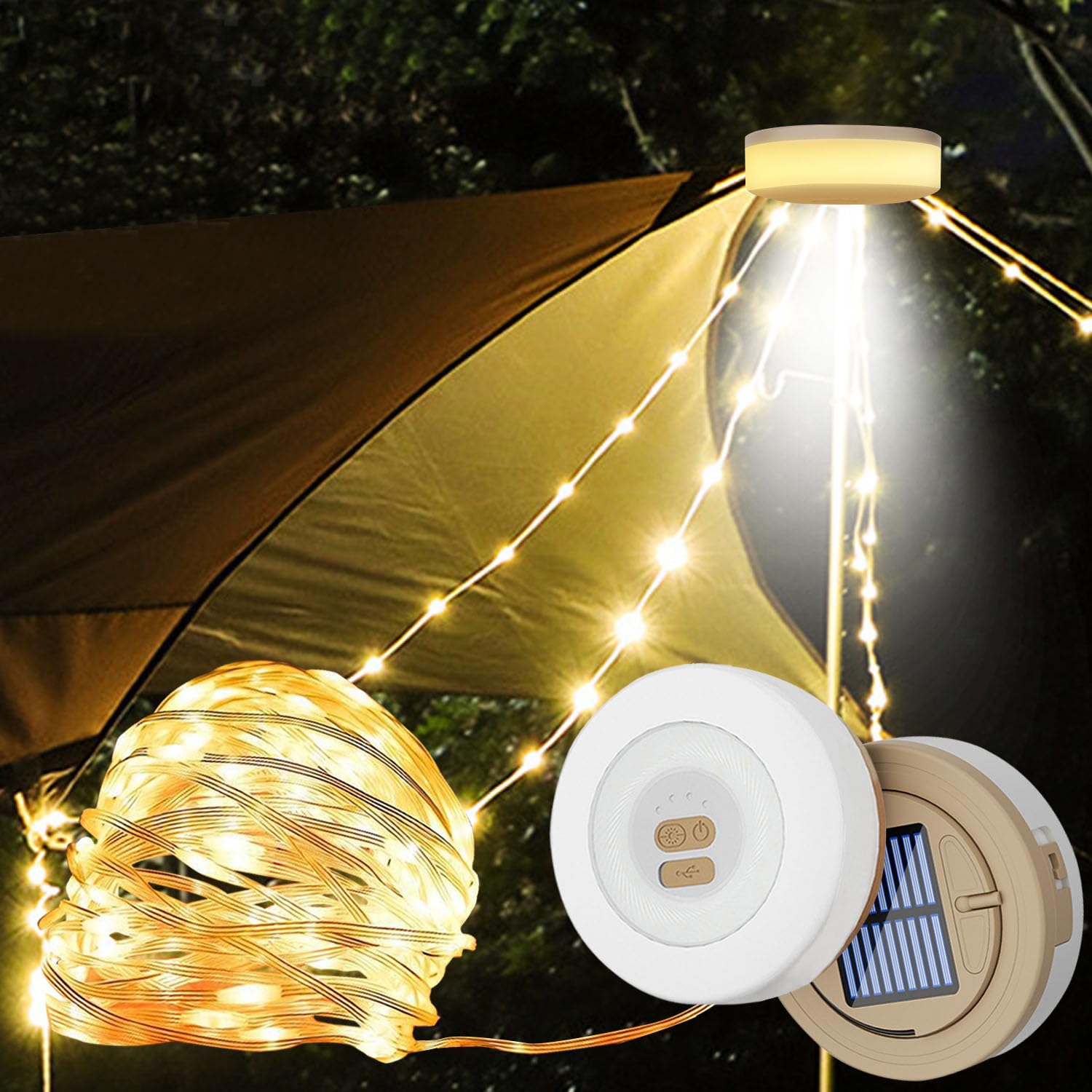 Solar Rechargeable Camping String Light Reel, Outdoor Portable Stowable Strip Fairy Lights, USB Wind Up Tent Star Lantern for Campsite, Indoor, Awning, Backyard Party Festival Decor