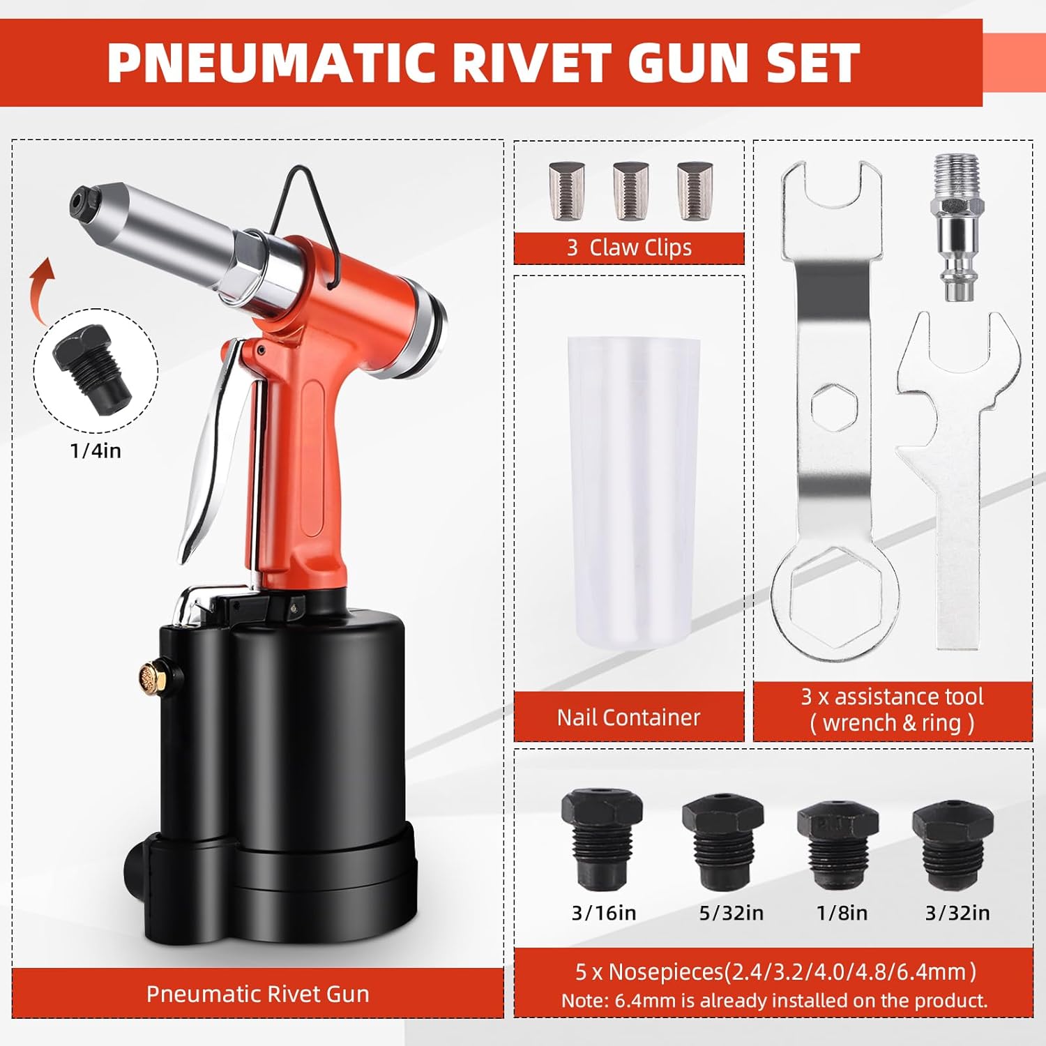 Pneumatic Rivet Gun 1/4" Hydraulic Air Rivet Tool Heavy Duty Riveting Machine Suitable for Manufacturing Fields