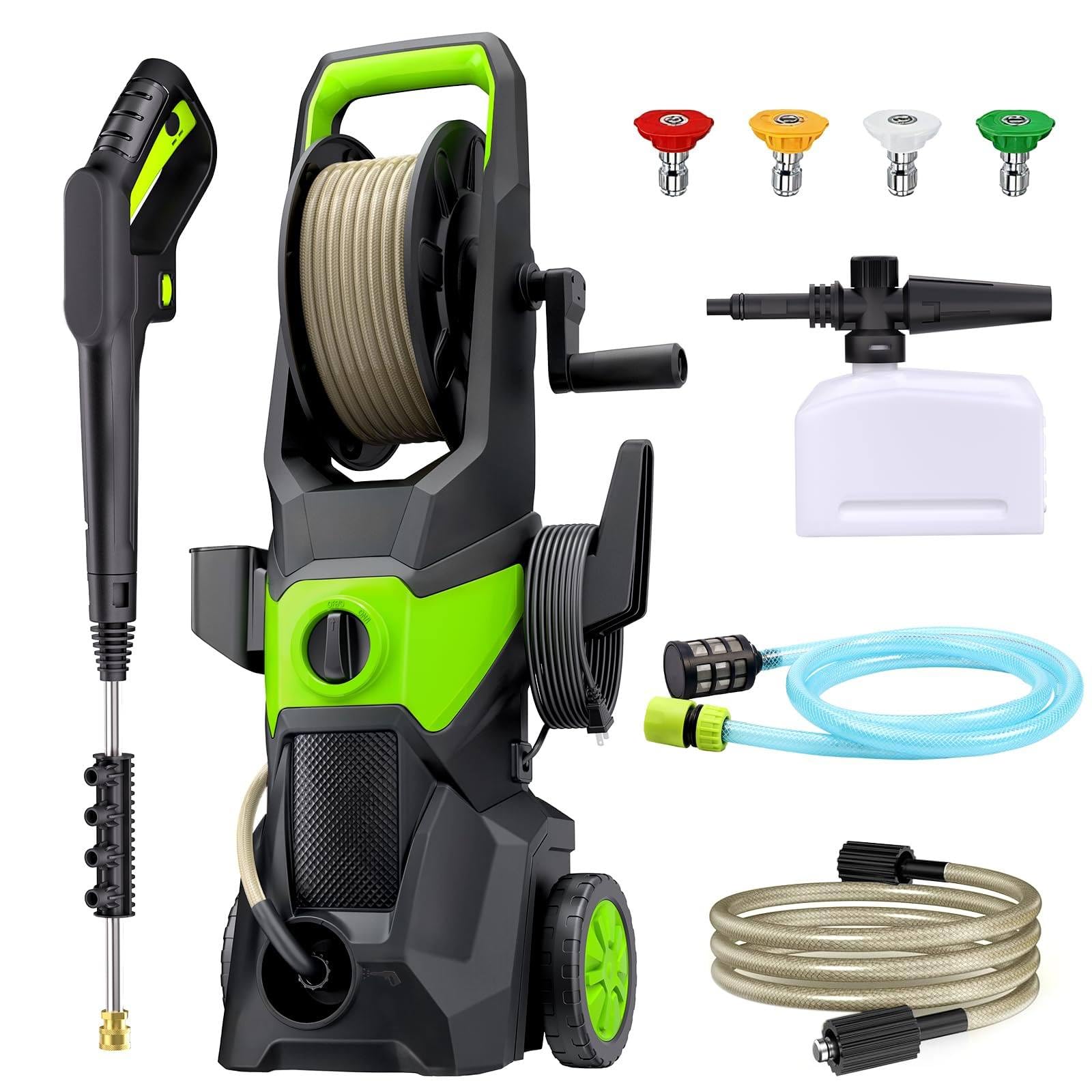 Idropulitrice Elettrica Silenziosa, Accessorio Lavapatio, Spazzola, Fissa E Sonda Spurgatubi 10 Metri, Pressione 150 Bar Max, Portata 540 Litri Ora Max Green