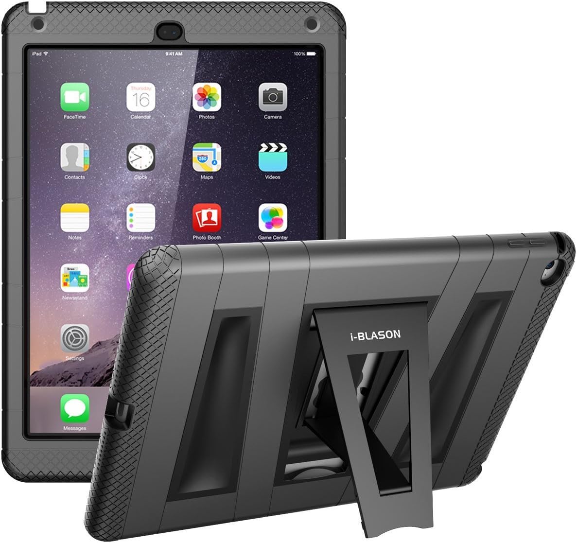 I BLASON AIR2-ABH-BLACK Black/iPad Air 2 ArmorBox Dual Layer Full-Body Protection Kickstand Case