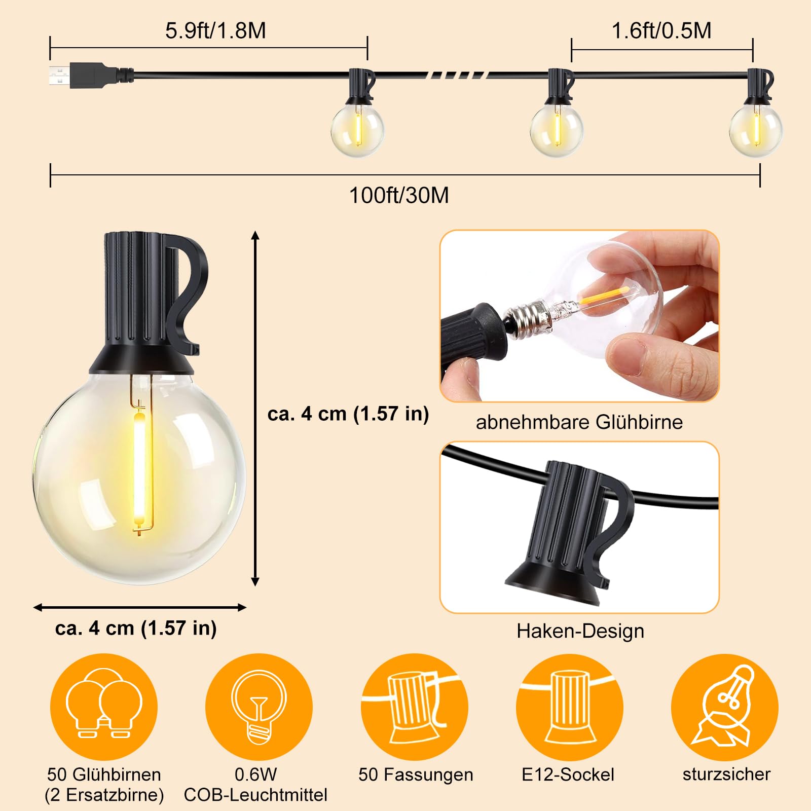 IKERY Guirlande lumineuse d'extérieur USB 30 m Blanc chaud 50 + 2 ampoules COB Globe IP65 Étanche Lumières festives pour extérieur, intérieur et extérieur, jardin, tonnelle, Noël, jardin, fête,