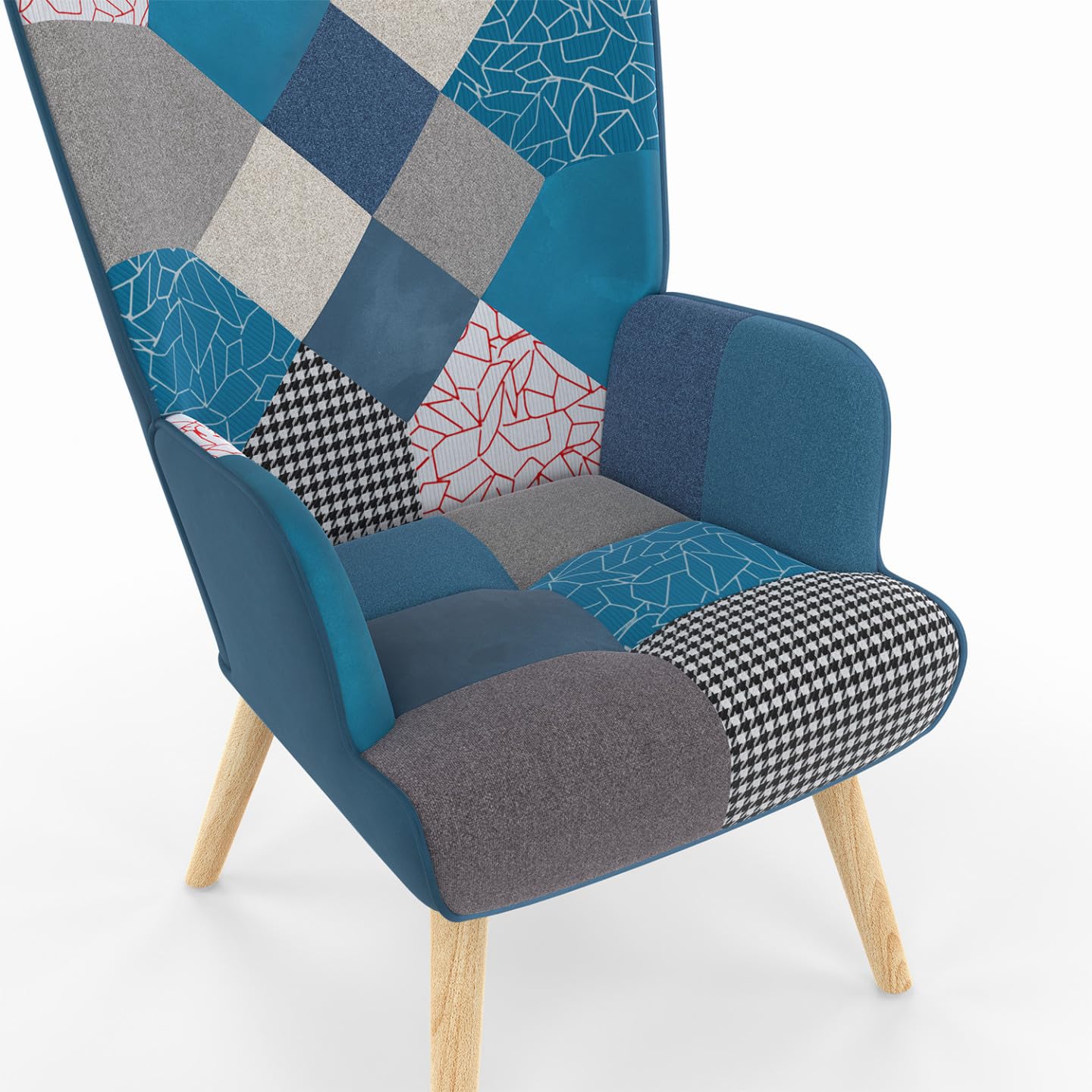 IDMarket - Fauteuil scandinave Ivar en Tissu Patchwork et Velours Bleu