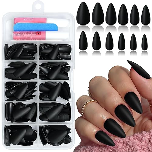 Short Press on Nails Almond Black Fake Nails Matte Nails