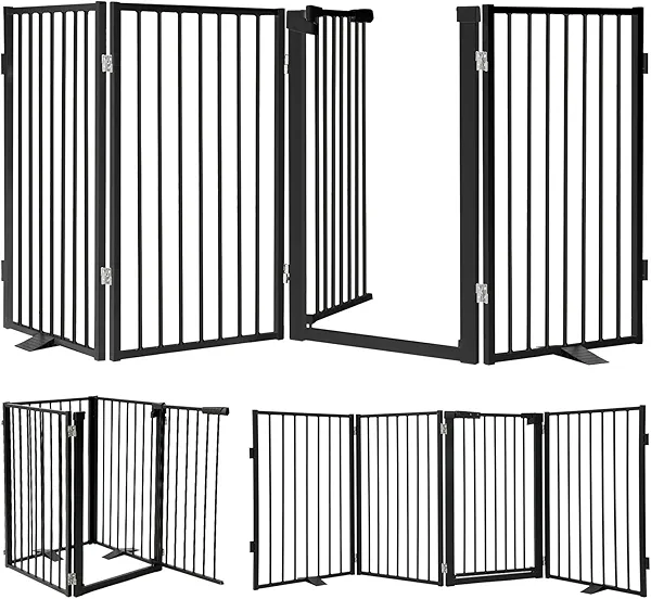 Snagle Paw Metal Freestanding Dog Gate with Door, 80” W x 32” H Dog Fence with Support Feet for Doorways, Stairs and Hallways, Portable Pet Gate for Indoor Use (4 Panel, Black)