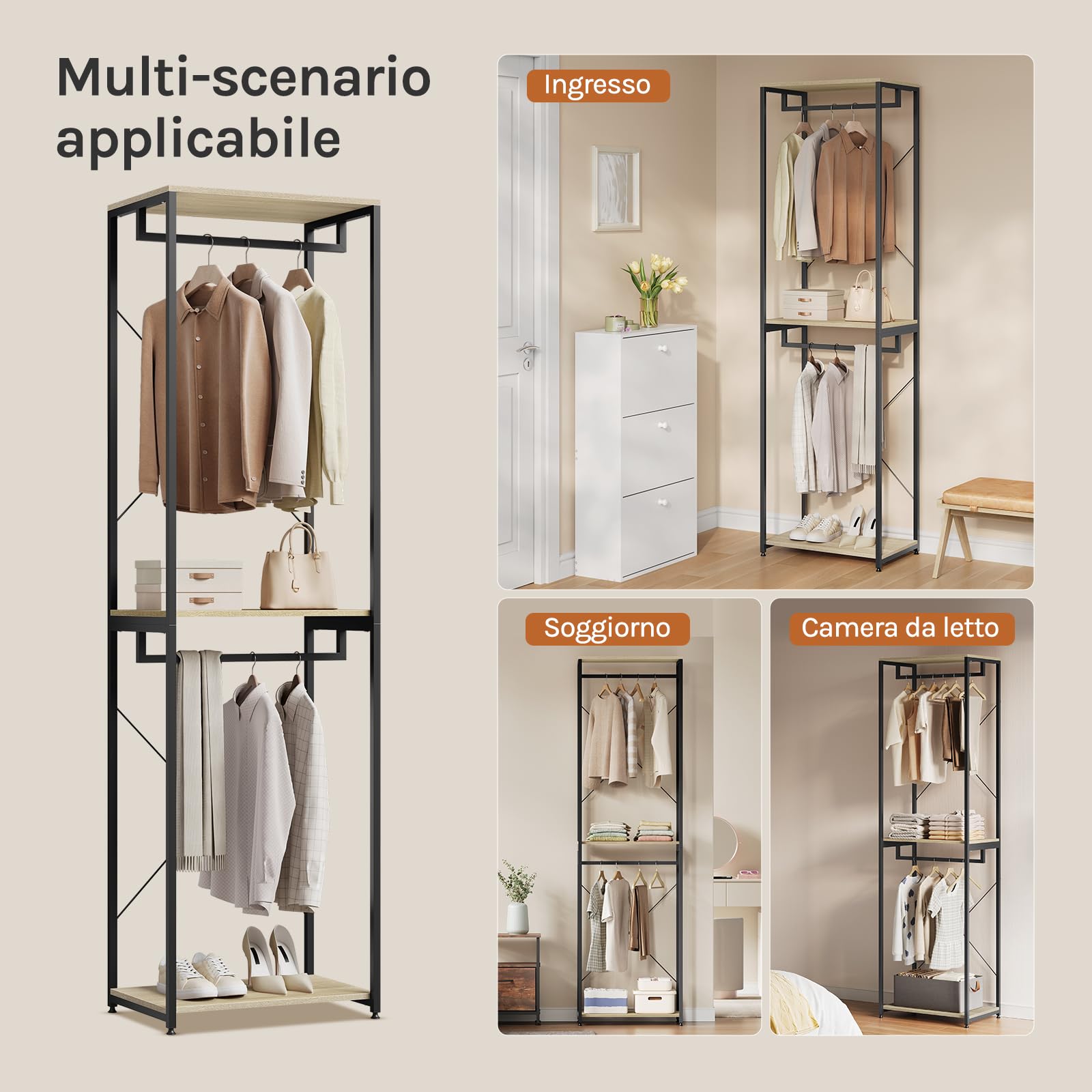 WOLTU Stand Appendiabiti in Legno Attaccapanni Guardaroba per Cameretta Scaffale Porta Abiti 60x40x213 cm