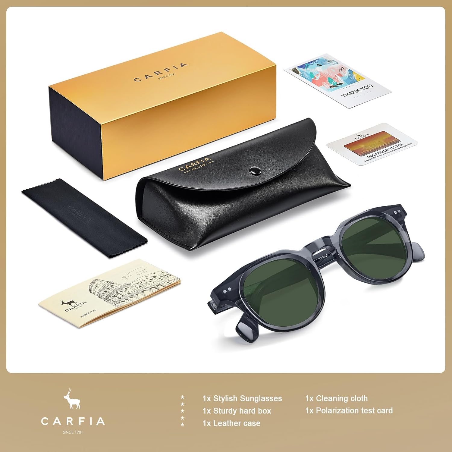 CARFIA Retro Polarized Mens Sunglasses Womens UV400 Protection, Chunky Acetate Classic Vintage Shades - Image 6