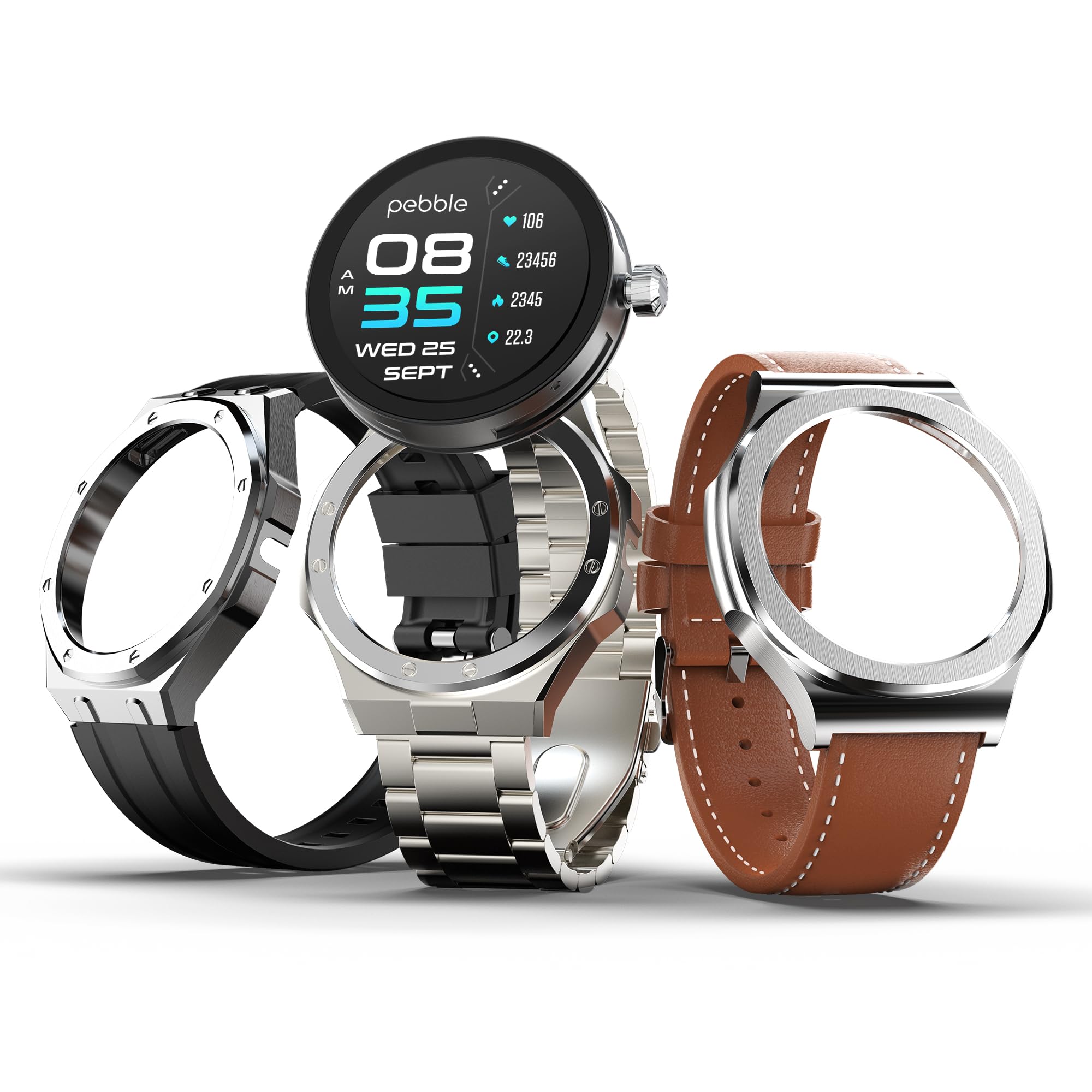 Shuffle 1.43" AMOLED Smartwatch with 3 Interchangeable Dials & Straps Bluetooth Calling, Health Monitoring, Premium Metal Body