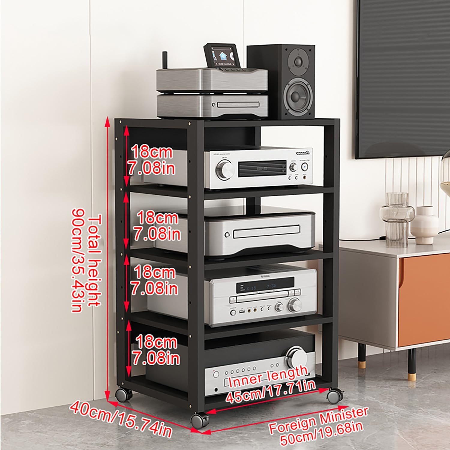 Nowoczesny stojak narożny AV z połowy wieku na konsolę do gier i DVD, wysoka wieża do przechowywania do salonu i konfiguracji gier, uchwyt na gramofon (50,1 x 40 x 90 cm)