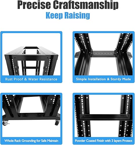 Miniatura 5 de Raising Electronics Estante de marco abierto para servidores, 4 postes de 19 pulgadas, ajustable para servidorestante de audio de acero laminado en