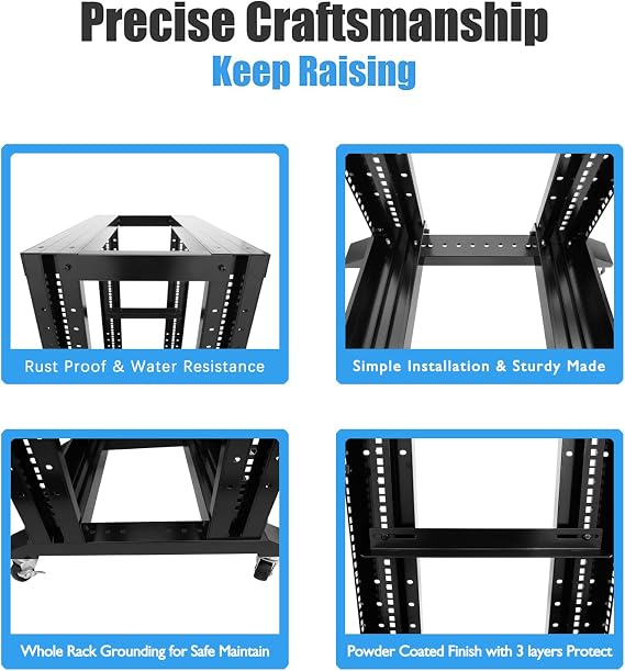 24U 4 Post Open Frame Network Server Rack 19inch Width 600mm deep with 3 Pairs of L Rail