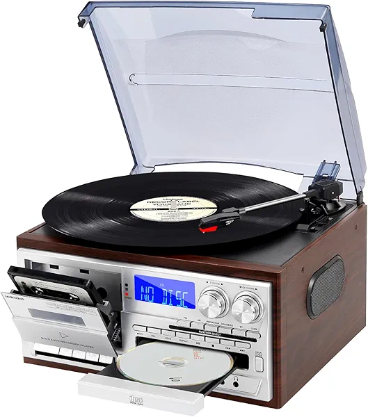 MUSITREND Record Player 9 in 1 3 Speed Bluetooth Vintage Turntable CD Cassette Vinyl Player AM/FM Radio USB/SD Playback Aux-in RCA Line-Out (Silver)