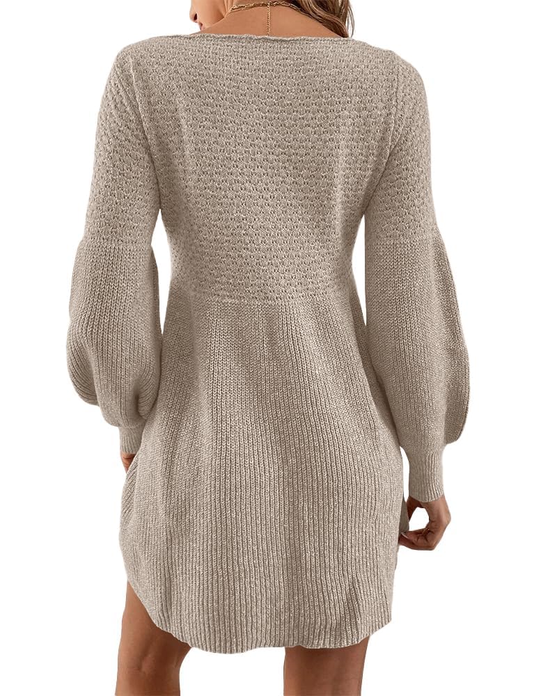 Saodimallsu Vestido de punto para mujer, cuello redondo, mangas abullonadas, cintura alta, elegante, vestido de punto, vestido de línea A, mini vestido