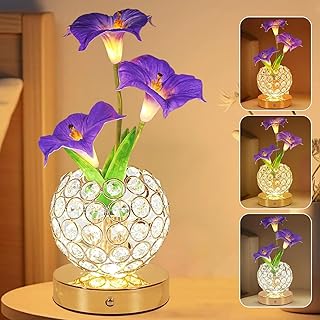 Maxspace Blumen Tischlampe, 3 Farben Dimmbar Kristall-Touch-Nachtlicht, Wiederaufladbare Tischlampe mit Prunkwinde, Nachttischlampe, Vasenlampe für Date Party Zuhause (Prunkwinde - Lila)