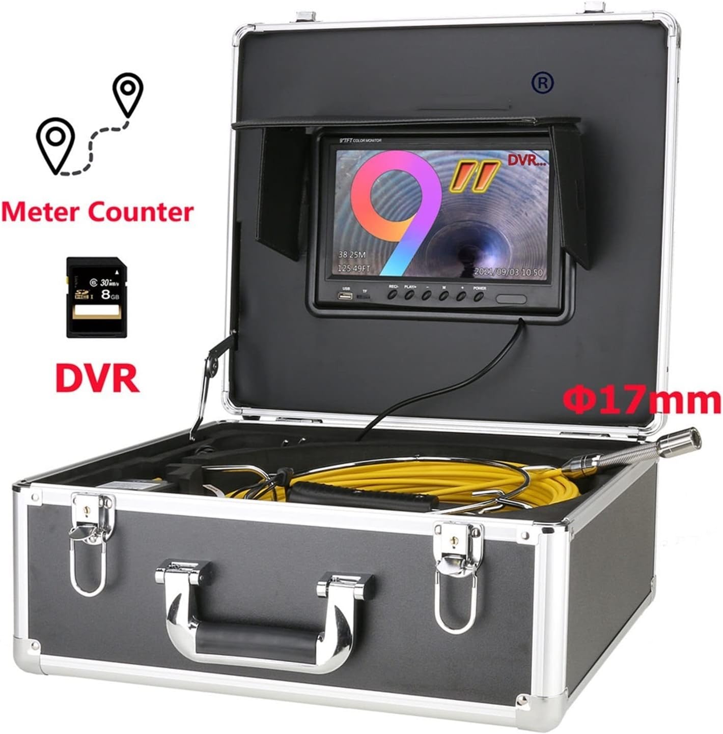 Inspection Camera 9" Monitor Sewer Pipe Inspection Video Camera with Meter Couter 17mm 8GB SD Card DVR IP68 Drain Pipeline Industrial Endoscope