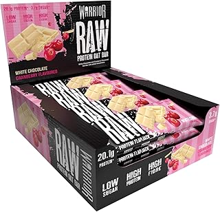 Warrior Raw Proteinriegel 12 x 75 g – Ballaststoffreicher Haferriegel mit Protein, High Protein Snack ohne Zucker, Natürlicher Haferflocken Riegel mit Präbiotika – Weiße Schokolade