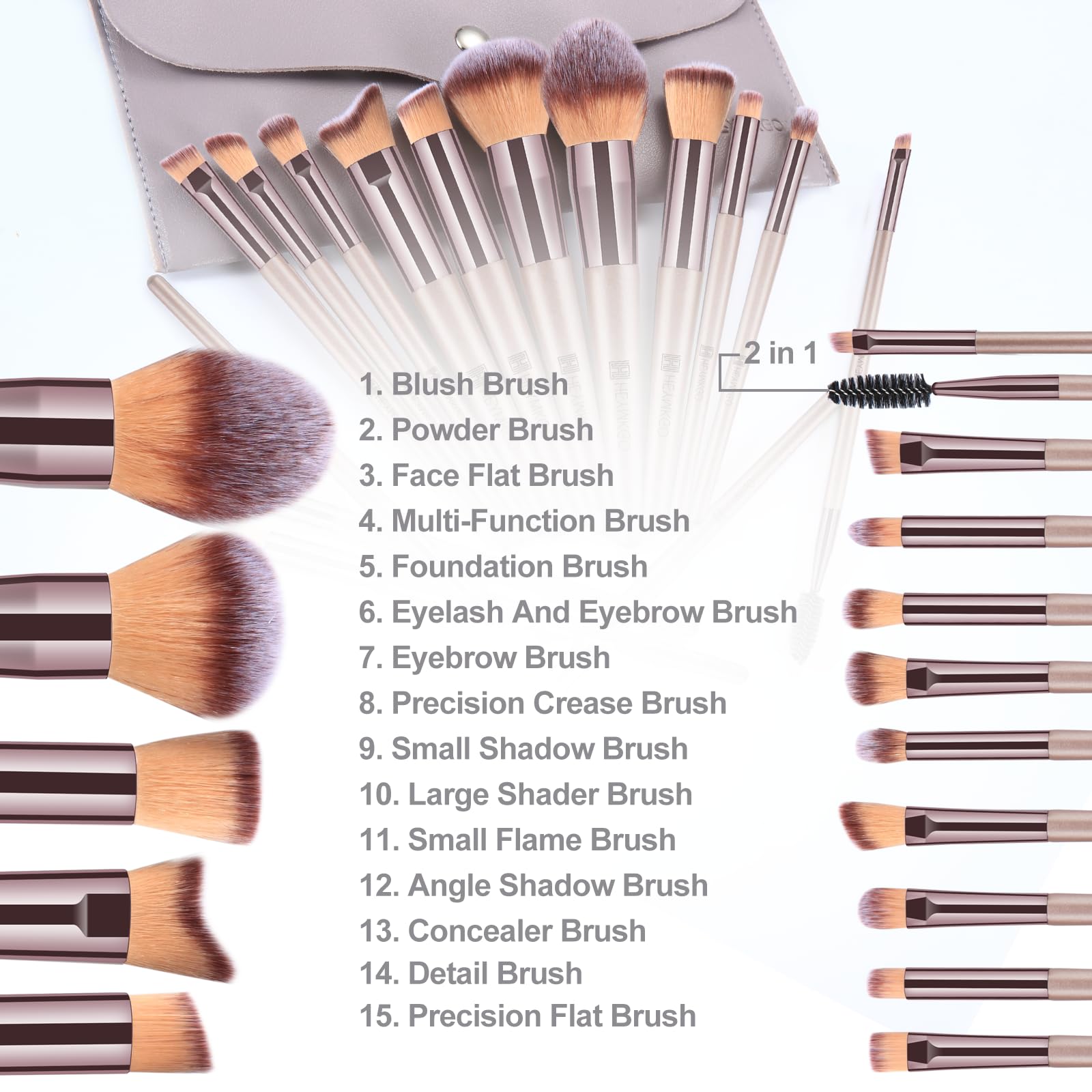 HEYMKGO Pennelli Make Up, 15 Pezzi Set Pennelli Trucco Professionale con Trousse in Pelle PU, Champagne Gold Kit Pennello Trucco Occhi Makeup Brushes Regalo per Ragazze Donne Compleanno San Valentino