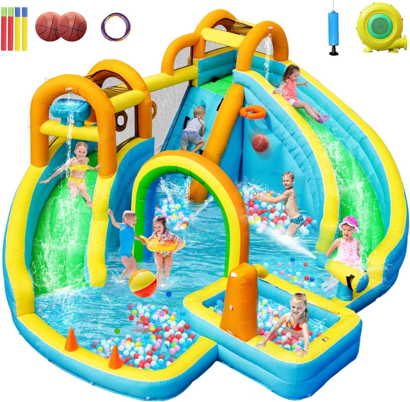 SportBob Château Gonflable Géant 7-en-1 Pour Enfants – Toboggan, Piscine à Balles, Basket, Foot Et Jeux D'Adresse – Pour 3 à 8 Ans – 385x258x220 Cm – Idée Cadeau Anniv'