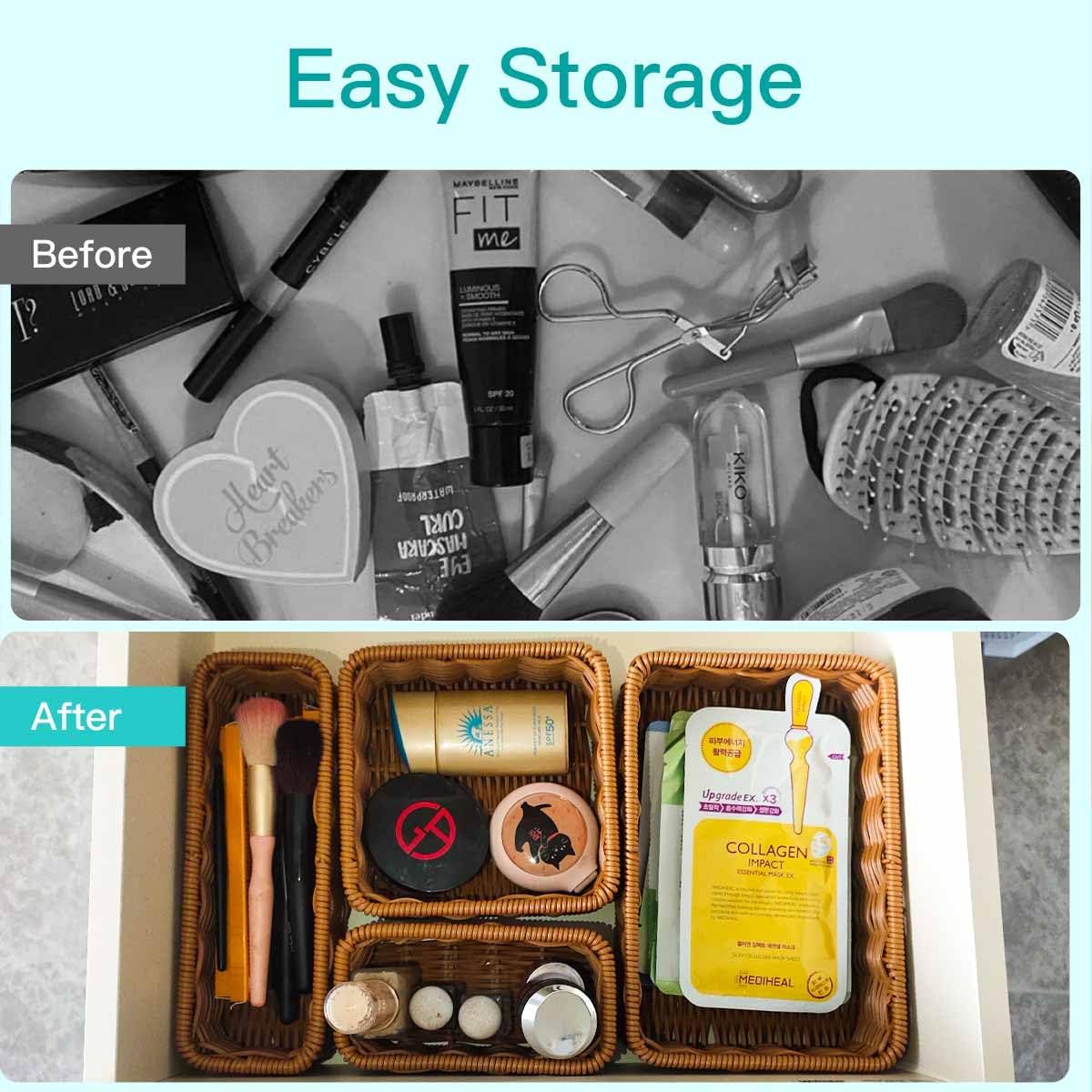 Drawer Organizers- Plastic Rattan Storage Trays for Bedroom, Bathroom, Kitchen, Office, Handwoven organizer, Waterproof and Easy Clean, 1 Set, Caramel Color