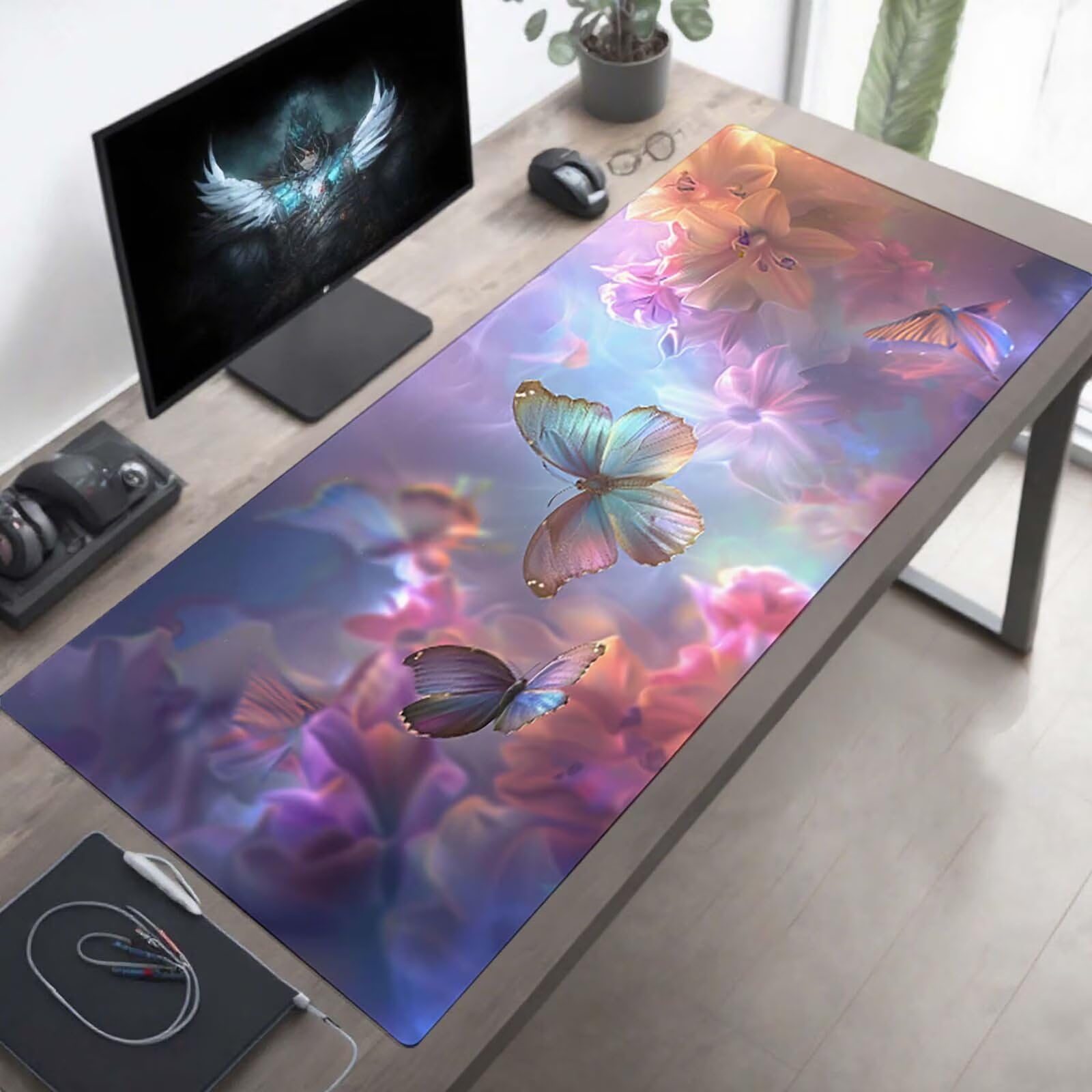 Duża podkładka pod mysz XXL do gier 1600 x 800 x 3 mm, wodoodporna, antypoślizgowa podkładka pod mysz, zmywalna, gumowa podstawa PC i laptop różowa motyl PjY10717 V-7