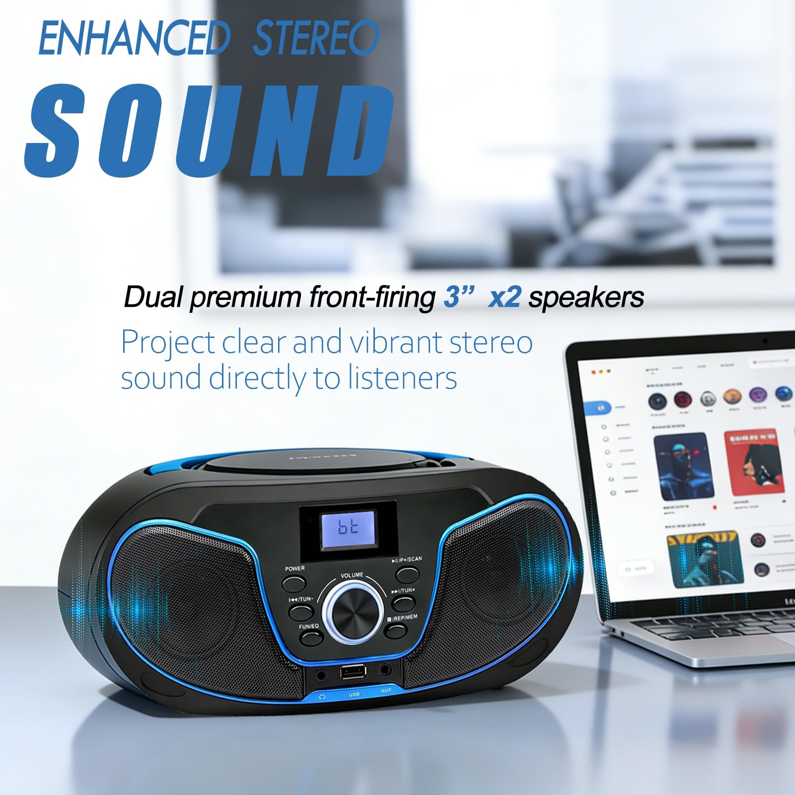 LONPOO Lettore CD Boombox Portatile - Stereo con Radio FM, Ingresso Bluetooth, USB, AUX, Uscita Auricolari, Audio Domestico Compatto, AC o Alimentato a Batteria (LP-D02)