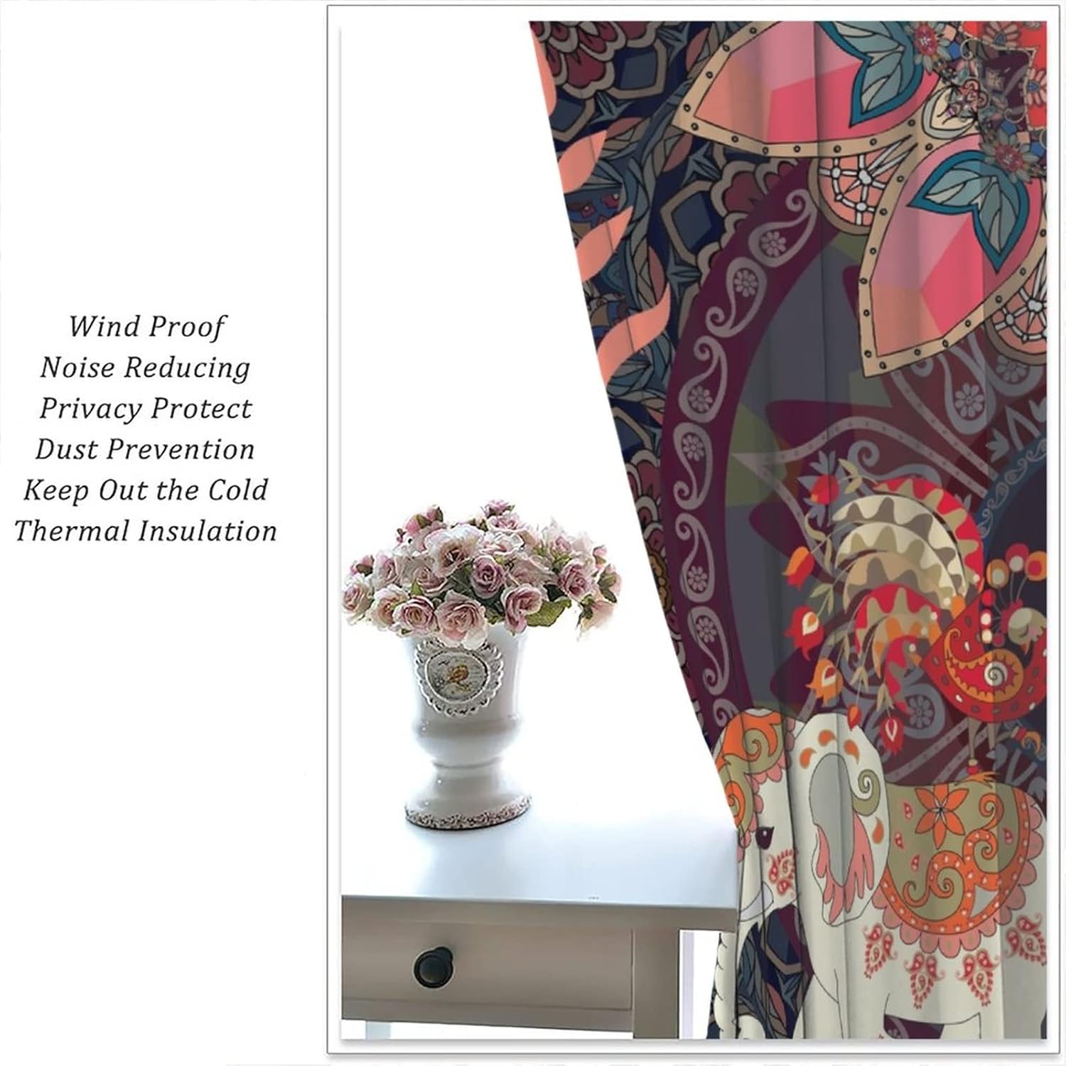 Boho Floral Curtains Indian Hippie Art Theme Mandala Flower Elephant Peacock Print Pattern Blackout Curtains for Bedroom Living Room Decoration W42 * L63 Inch