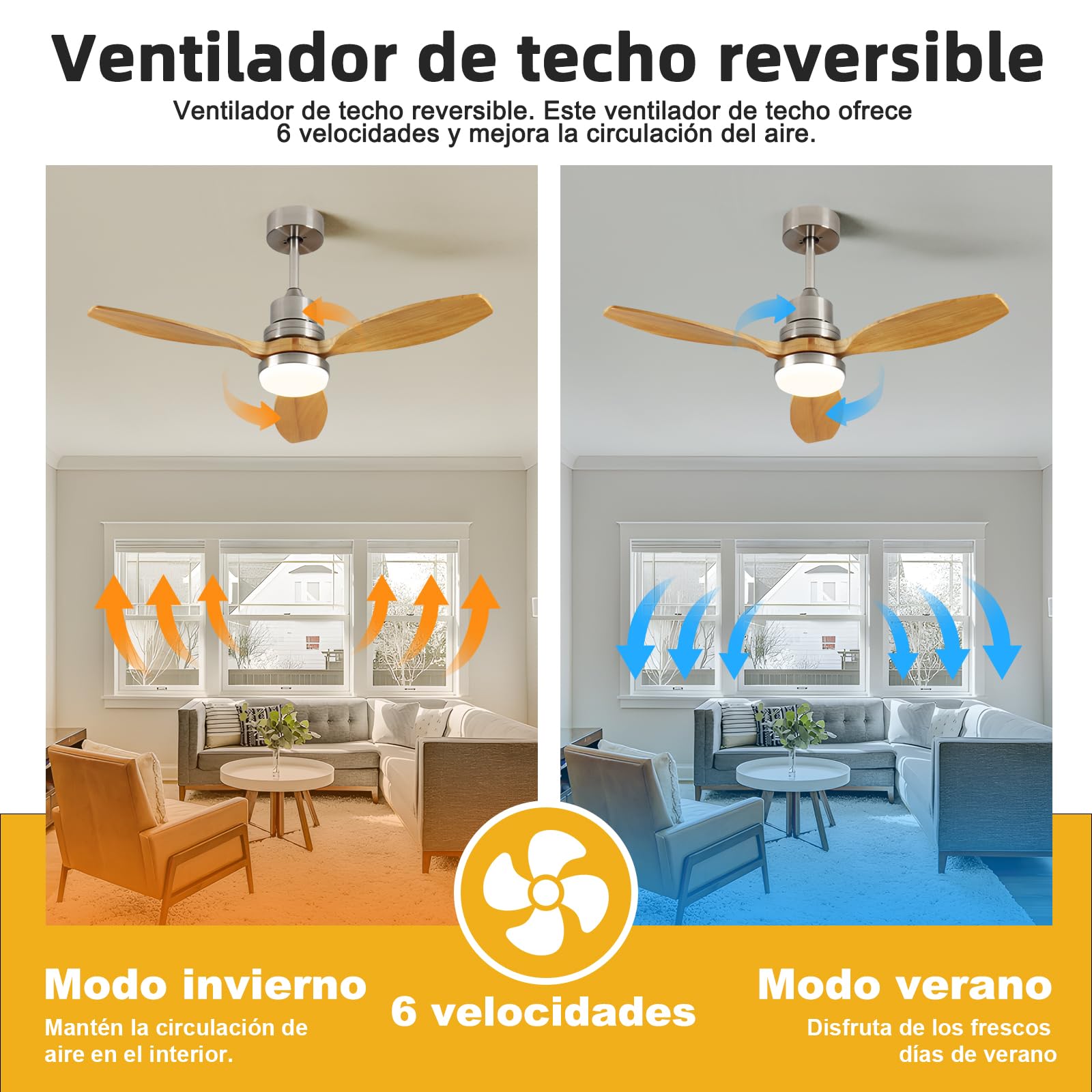 Ventilador de Techo con Luz y Mando a Distancia, Ventiladores de Techo de 107 cm con Lámpara Luz Led con Motor DC, 3 Aspas, 6 Velocidades, Silencioso, Temporizador, para Exterior Dormitorio Saló